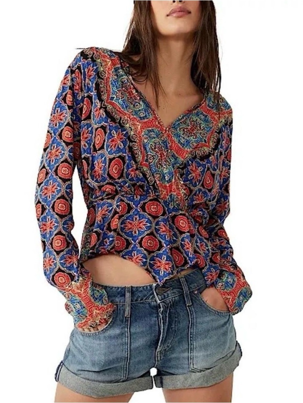 Free People Multicolor Floral Paisley V-Neck Blouse - Blue & Red